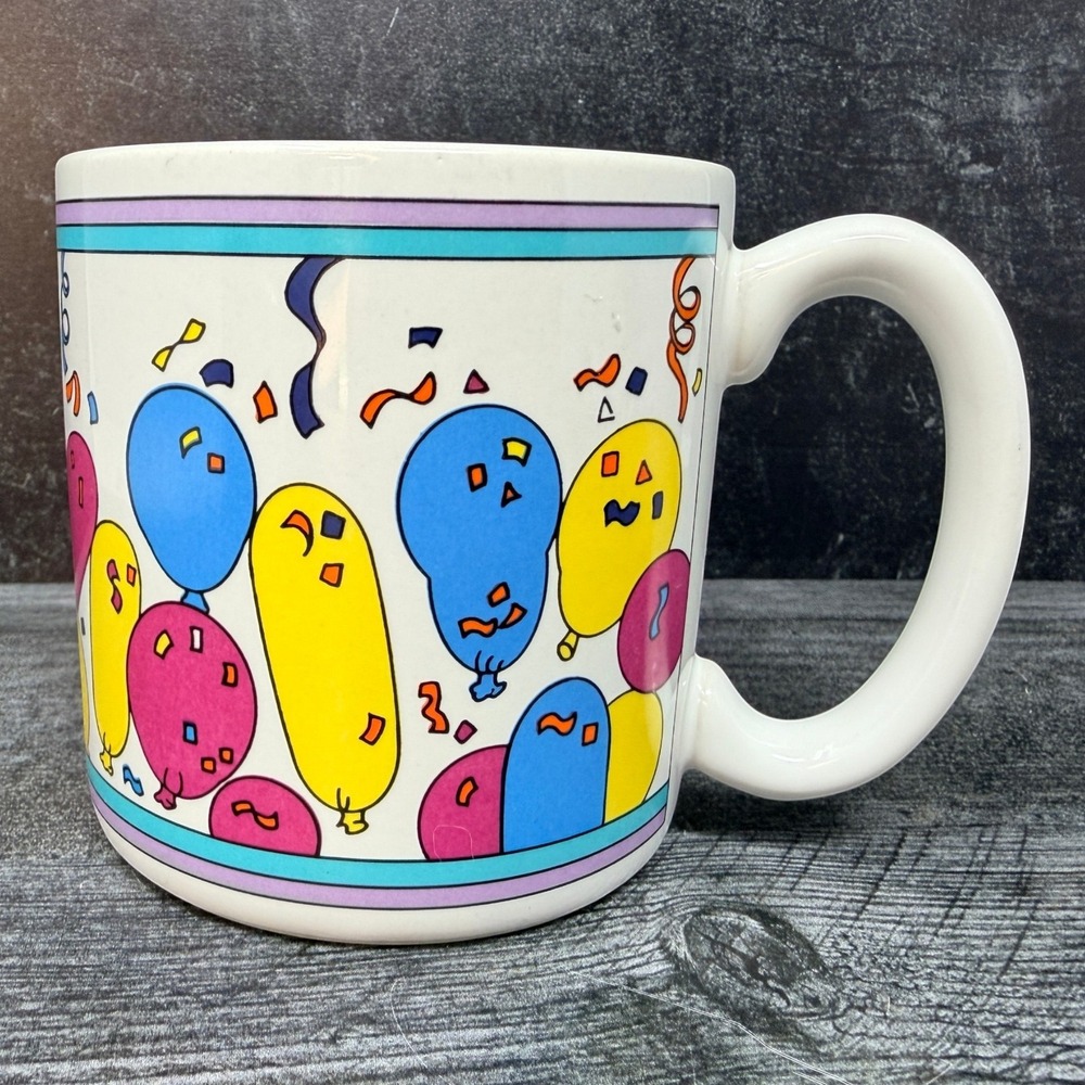 M&D Balloons Mug Vintage 1990 Ceramic White 8oz San Francisco Birthday Party 90s